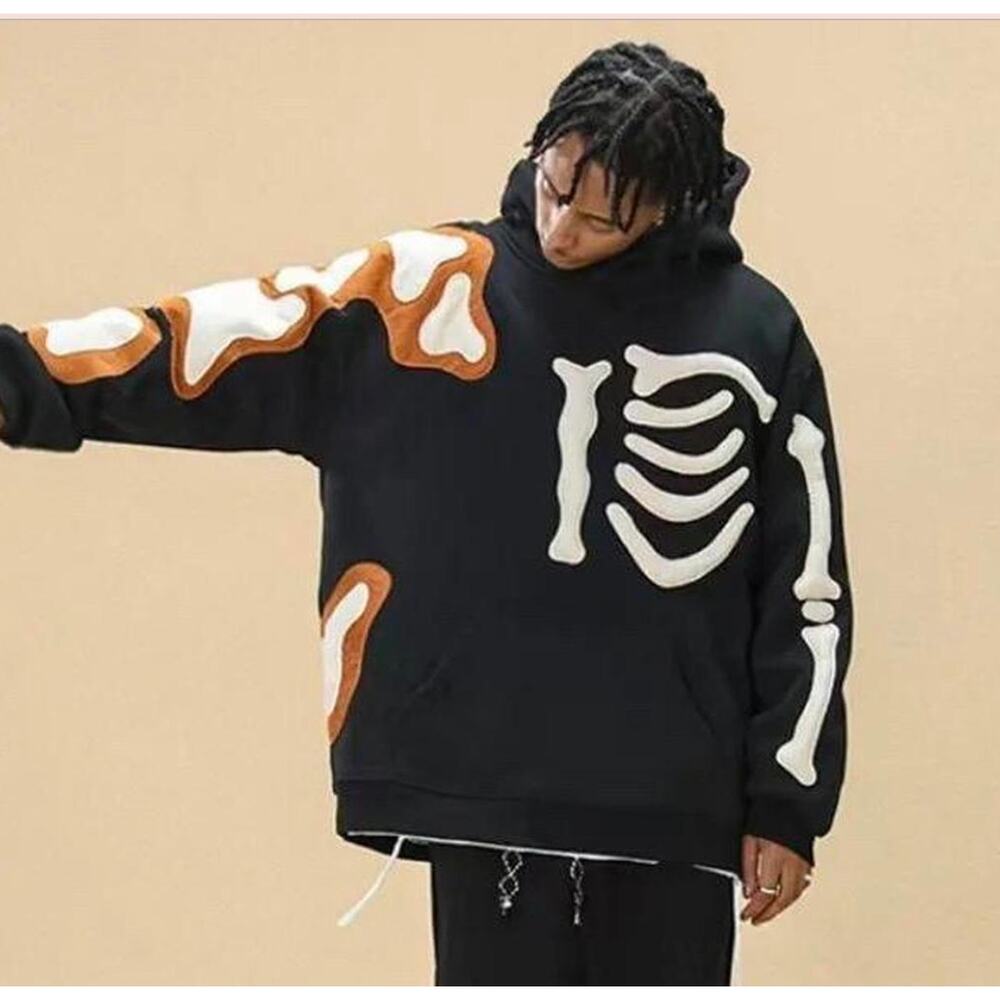 Coursemys Black Skeleton Hoodie L Large Y2K Super Thick RARE Skater Punk - Picture 3 of 13